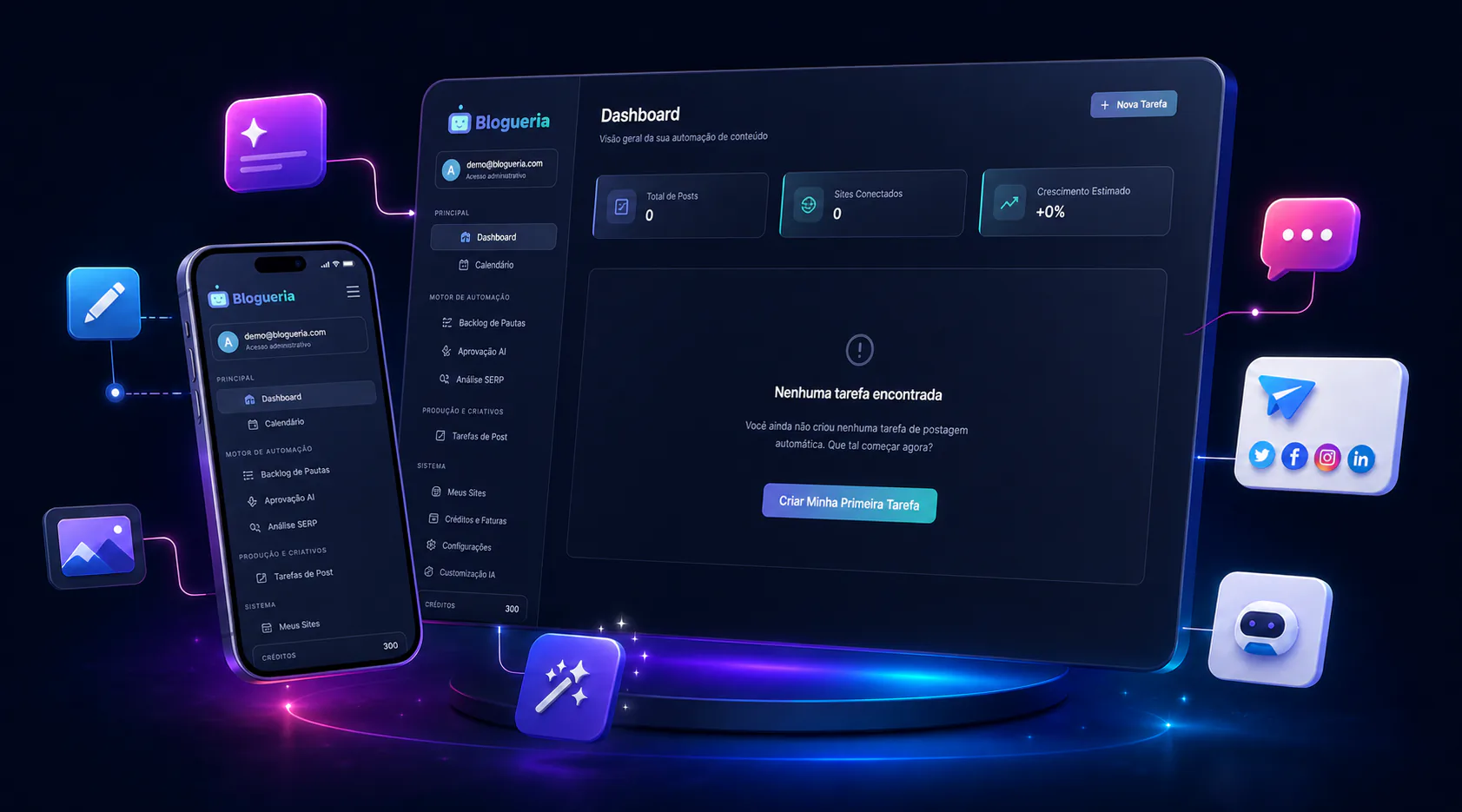 Interface ilustrativa da Blogueria com dashboard de conteúdo