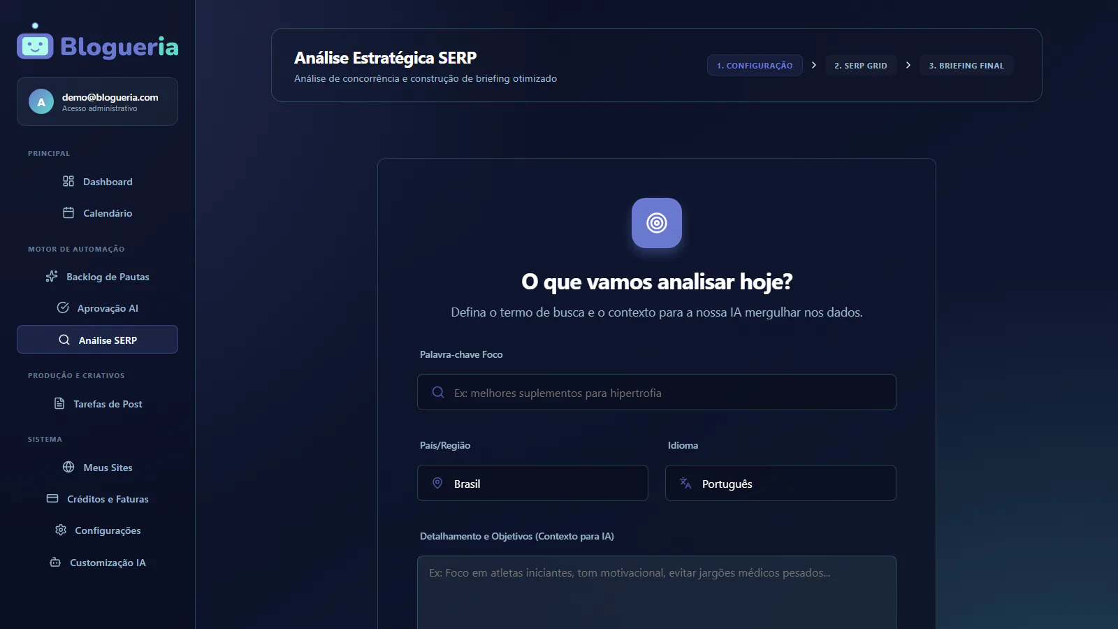 Tela de Análise SERP da Blogueria