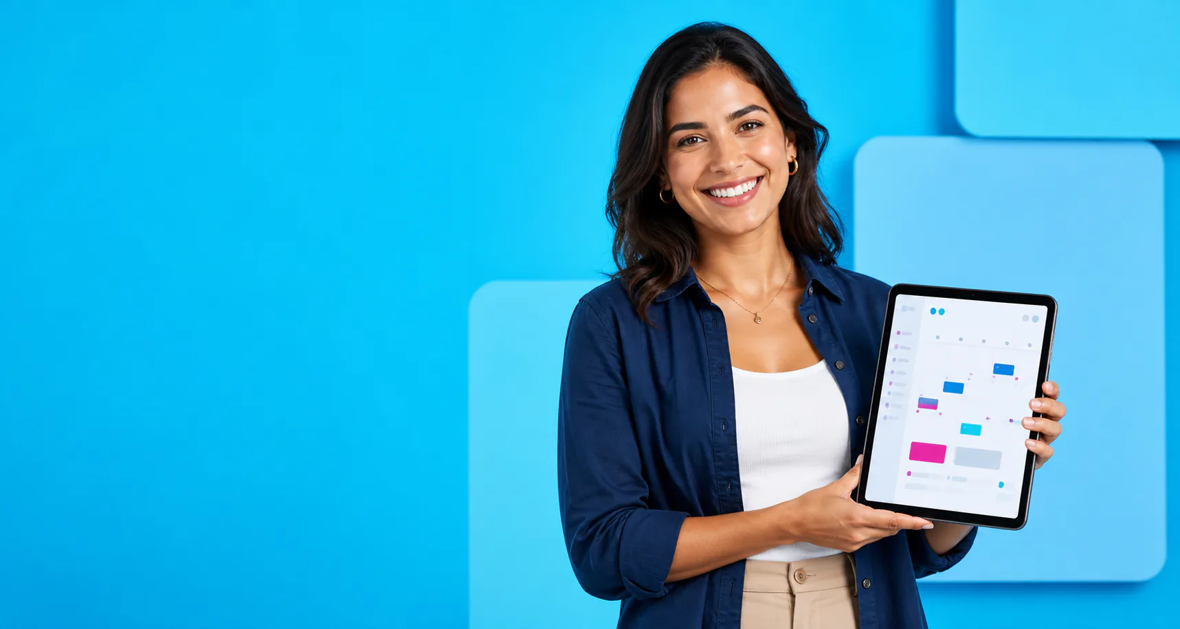 Cliente usando tablet com calendário editorial